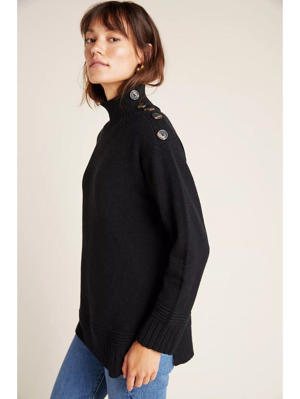By Anthropologie Black Button Shoulder Margarita Tunic Sweater